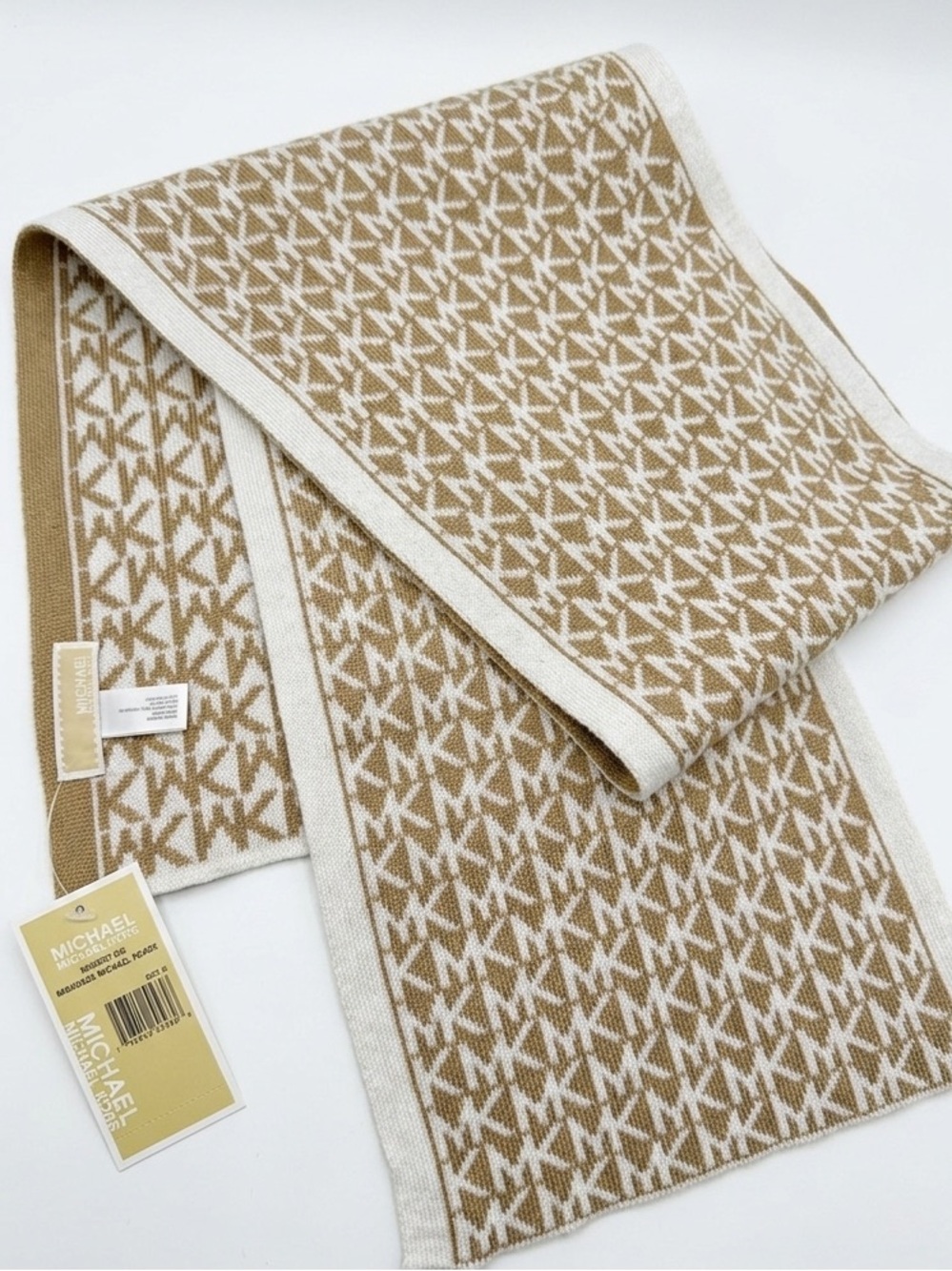 Michael Kors Tan and White MK Logo knitted Scarf $148 MSRP NWT